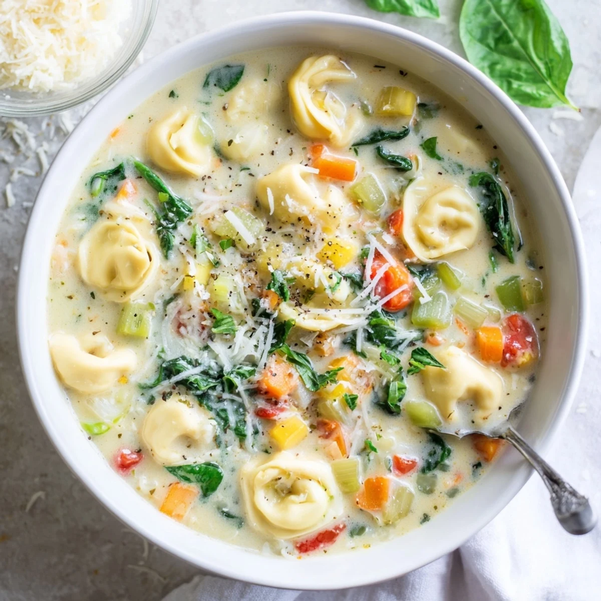 Steaming bowl of comforting creamy tortellini soup topped with grated Parmesan and fresh herbs.