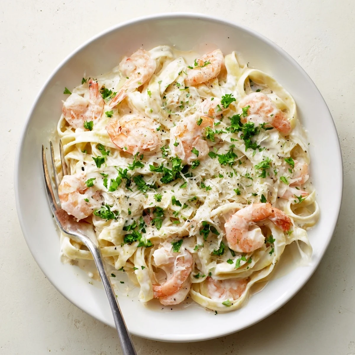 Creamy shrimp fettuccine pasta with homemade Alfredo sauce garnished with fresh parsley and lemon wedges