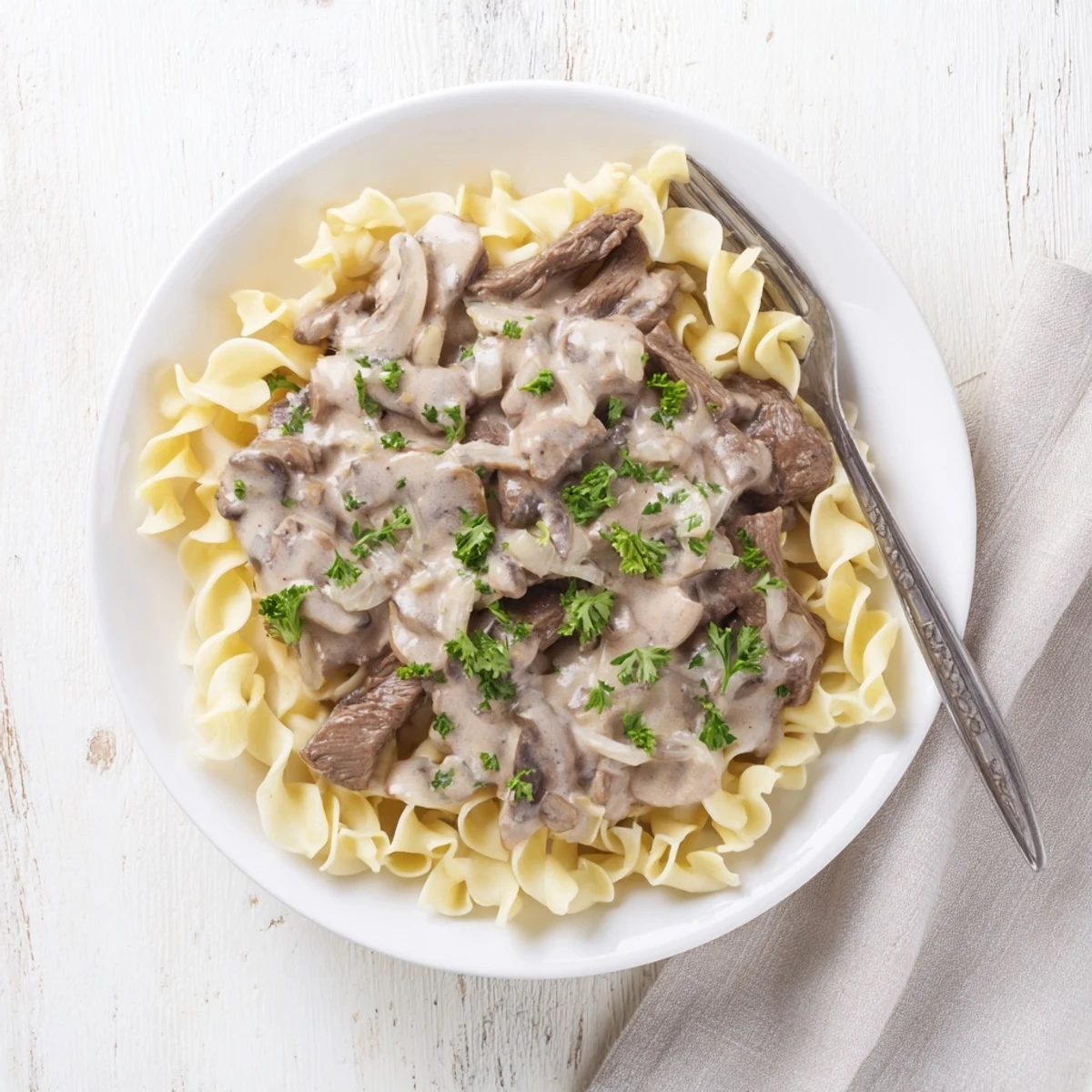 Classic beef stroganoff served over egg noodles with fresh parsley and golden brown mushrooms