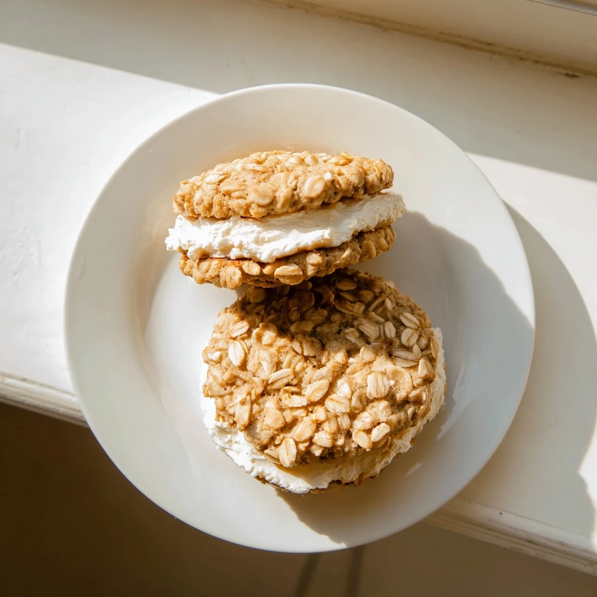 Two soft homemade oatmeal cream pies with fluffy vanilla frosting sandwiched between golden-brown textured cookies