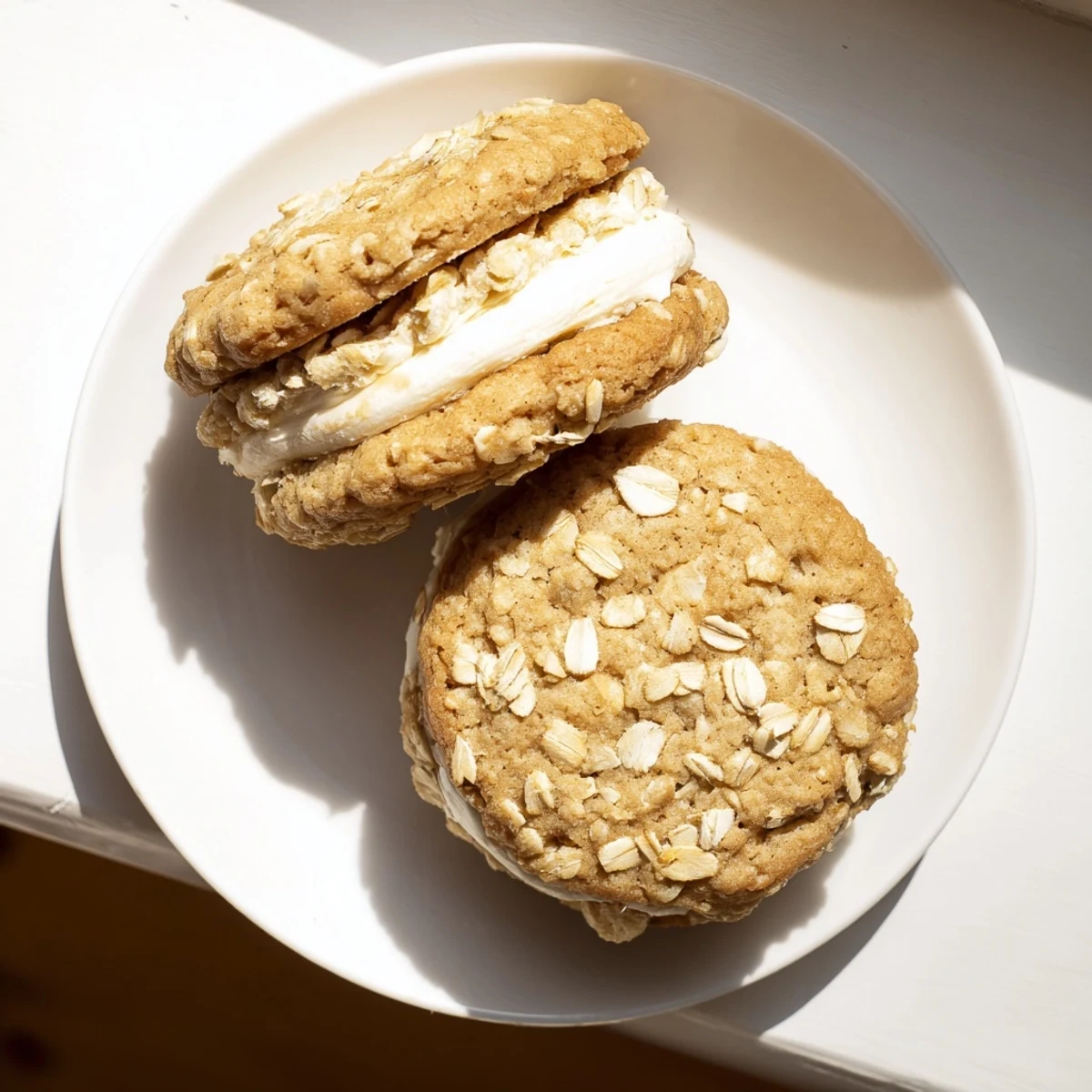 Stack of homemade oatmeal cream pies showing soft baked cookies with sweet vanilla buttercream layers