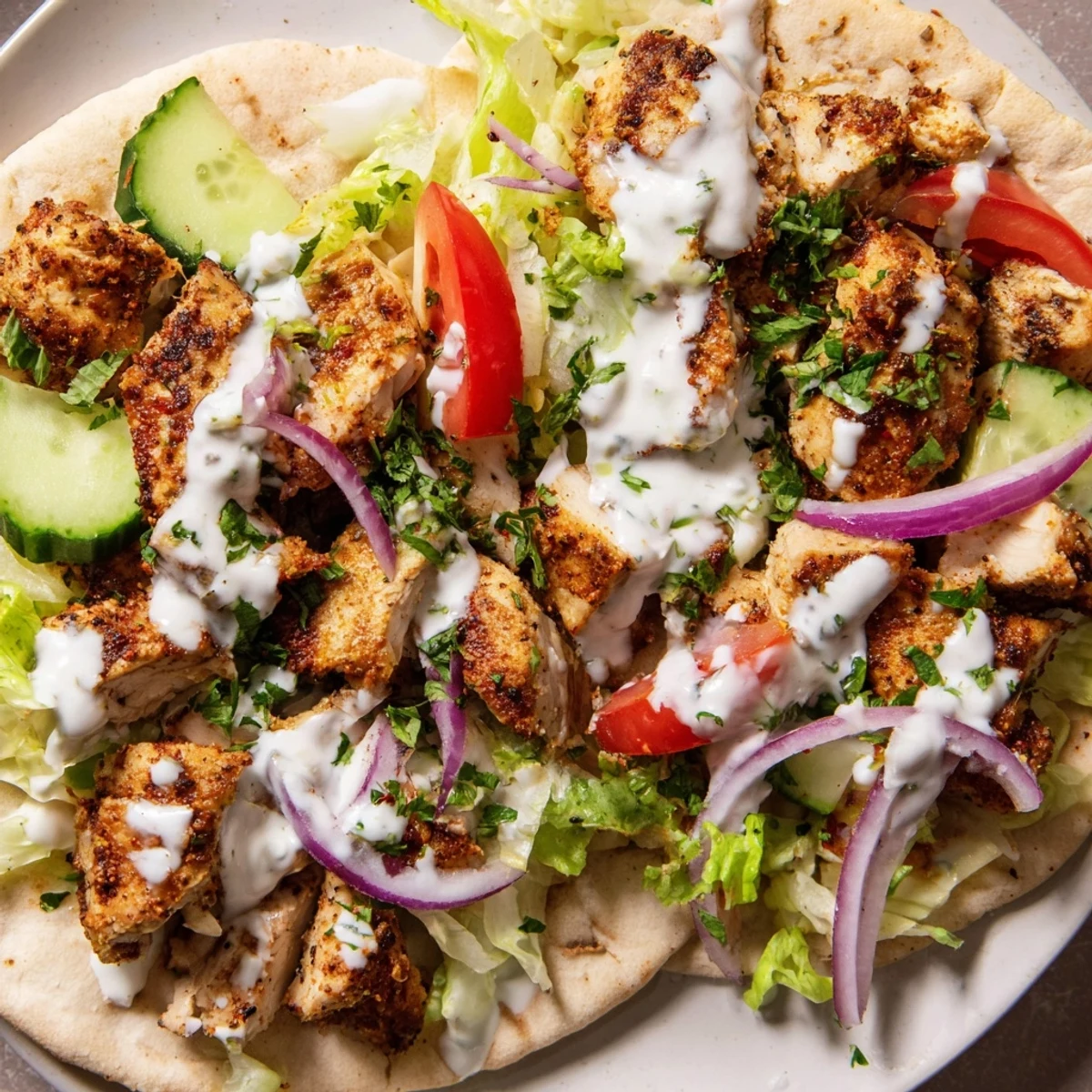 Golden brown spiced chicken shawarma wrapped in warm pita with crisp vegetables and rich garlic sauce drizzled on top