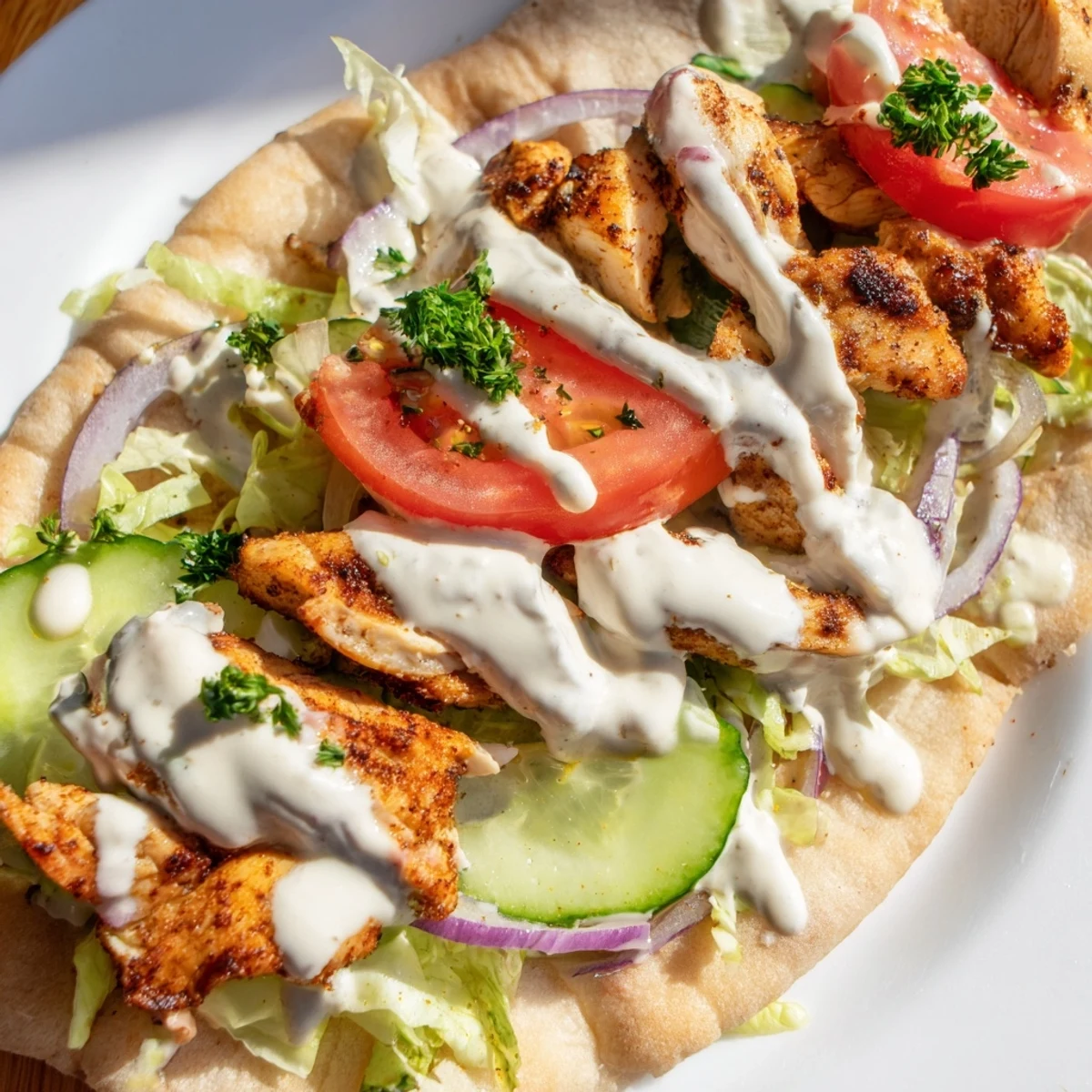 Homemade chicken shawarma platter featuring tender marinated meat, fluffy pita bread, tangy garlic sauce, and colorful vegetable toppings