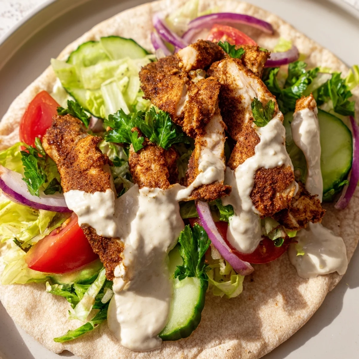 Sliced chicken shawarma thighs seasoned with aromatic Middle Eastern spices and served with creamy garlic dipping sauce and fresh herbs