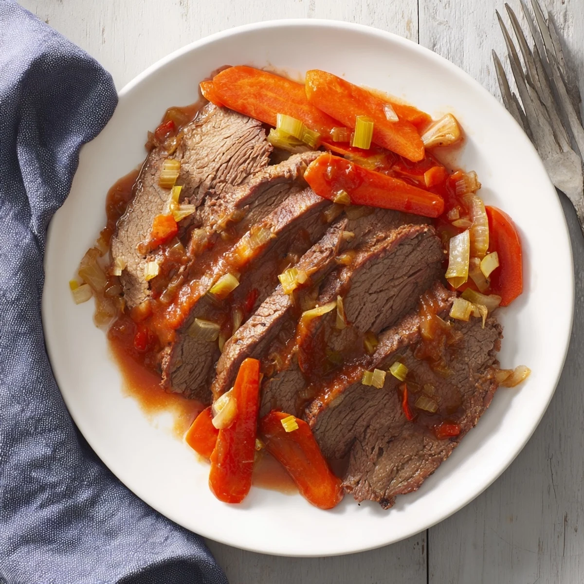 Golden-brown beef brisket resting on a platter surrounded by carrots and celery in sauce