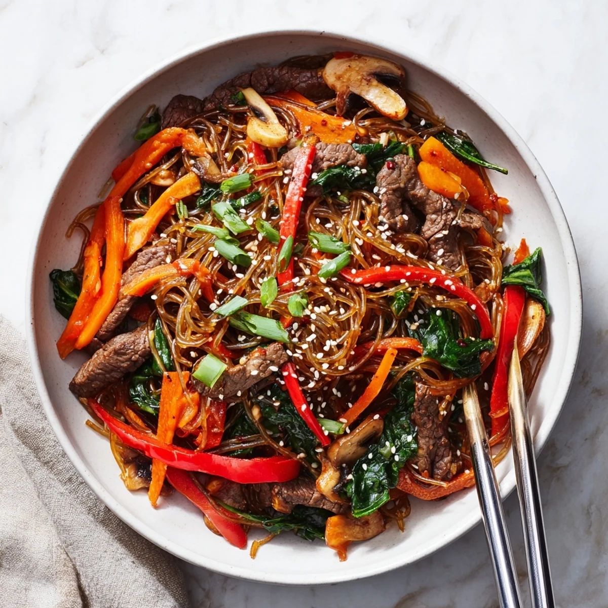 Korean beef noodles featuring tender marinated beef slices, colorful vegetables, and chewy sweet potato noodles coated in a spicy gochujang sauce