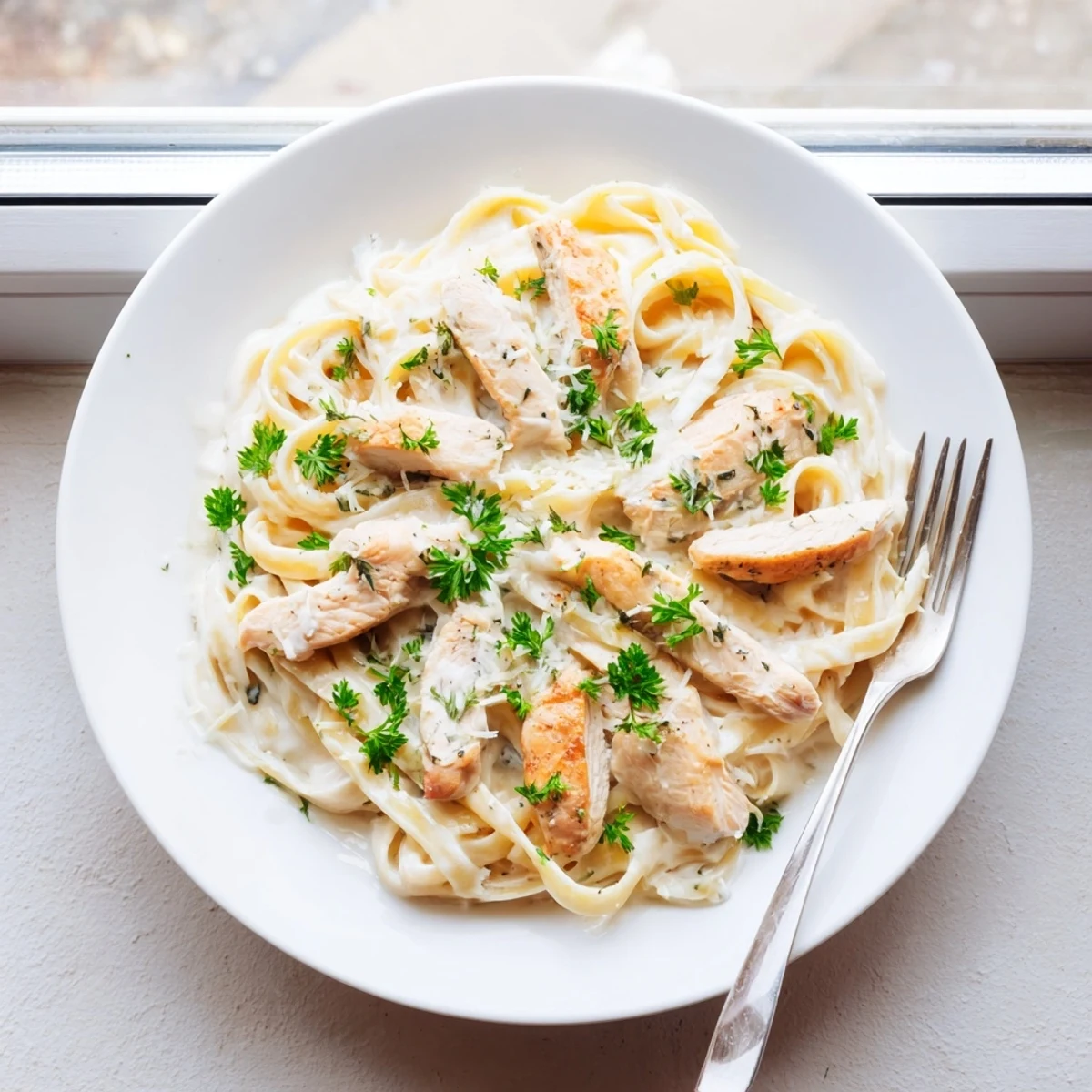 Creamy chicken Alfredo pasta with tender sliced chicken breast over rich Parmesan fettuccine
