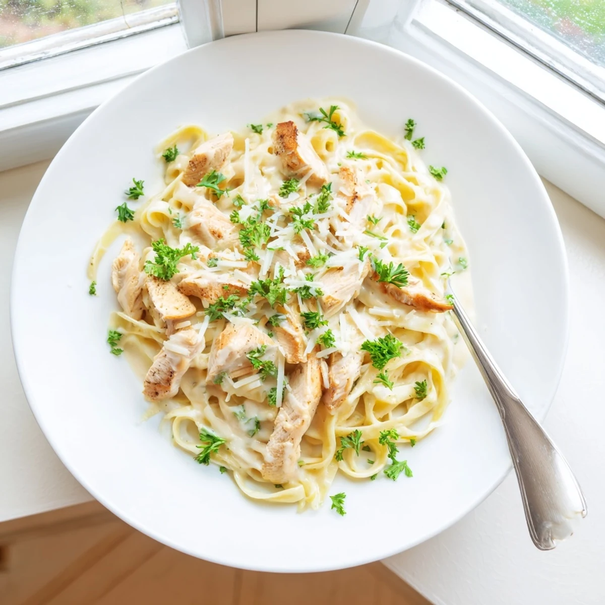Golden brown chicken slices resting on fettuccine coated in velvety white Alfredo sauce
