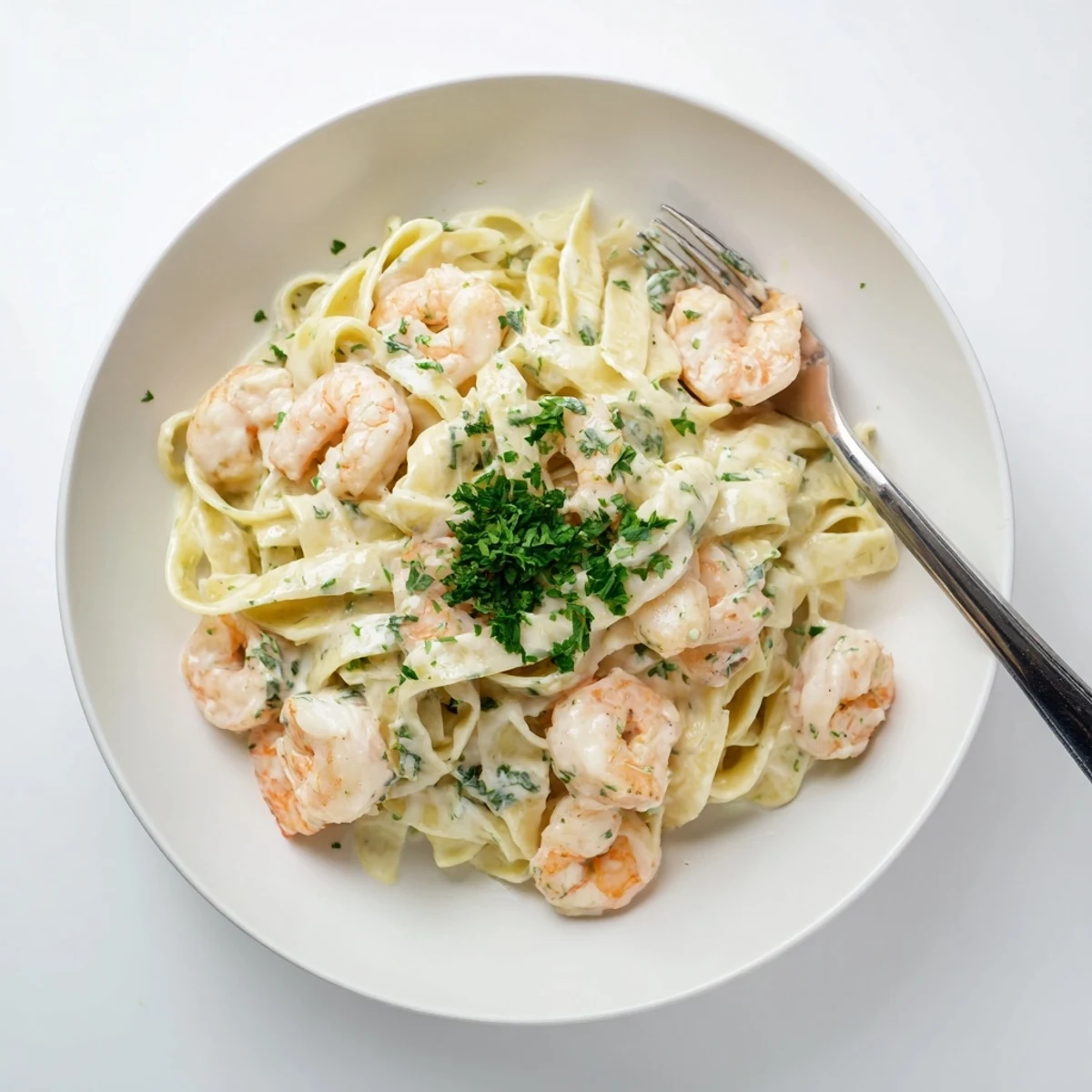 Creamy one pan shrimp fettuccine Alfredo tossed with tender pink shrimp and parmesan garlic sauce