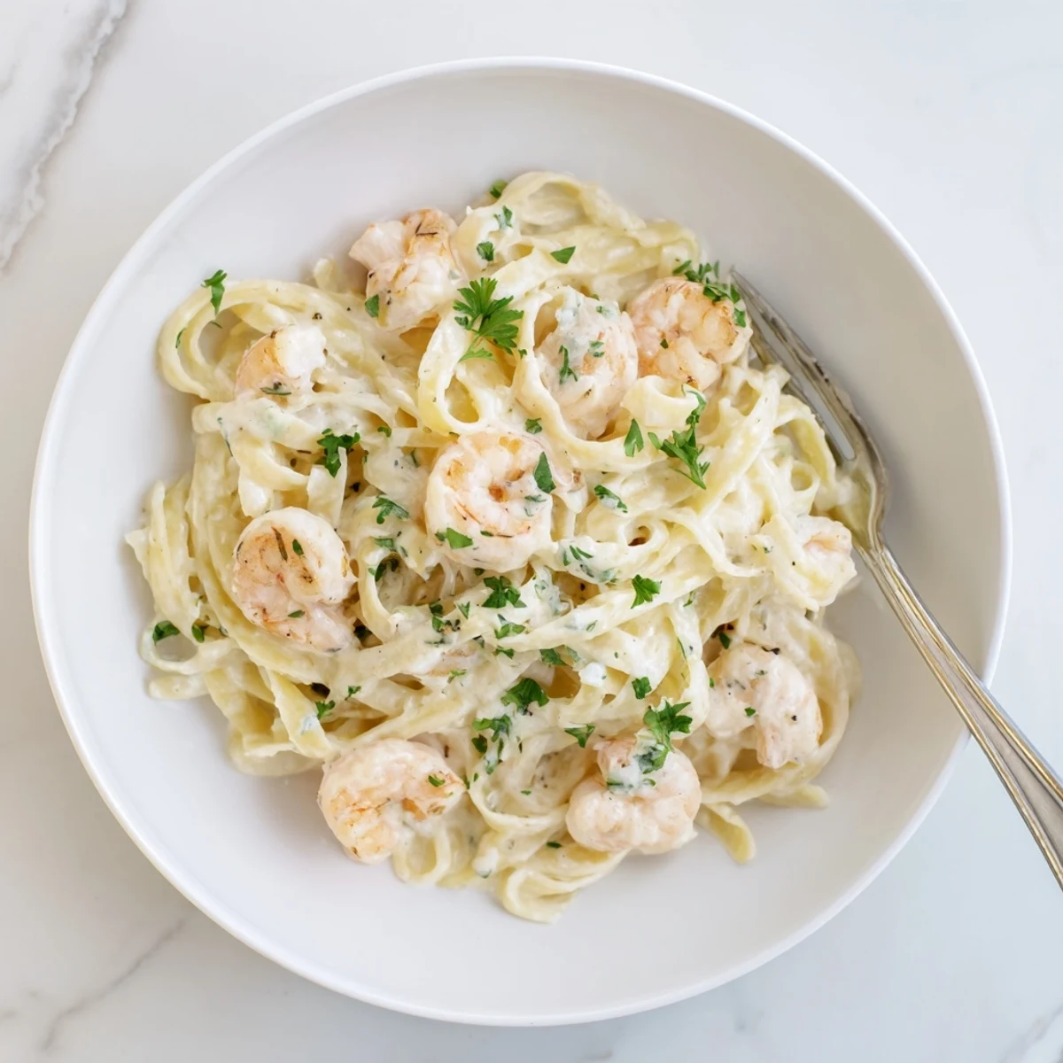Golden brown shrimp atop fettuccine noodles swimming in rich white Alfredo sauce with parsley garnish