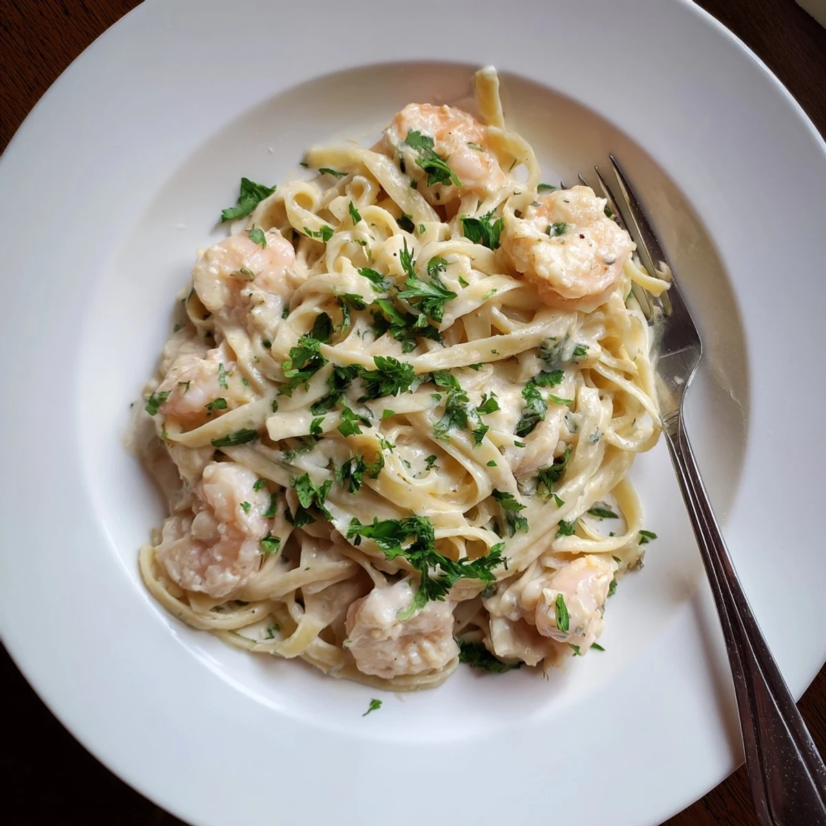 Savory shrimp and pasta dish featuring velvety parmesan cream sauce all cooked in single skillet