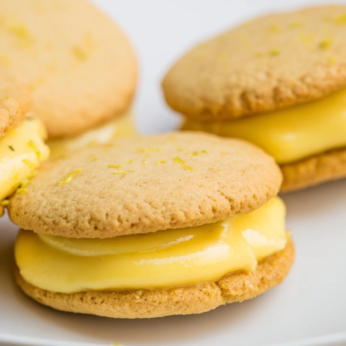 Close-up of gluten-free lemon sandwich cookies showcasing smooth tangy curd between soft baked rounds