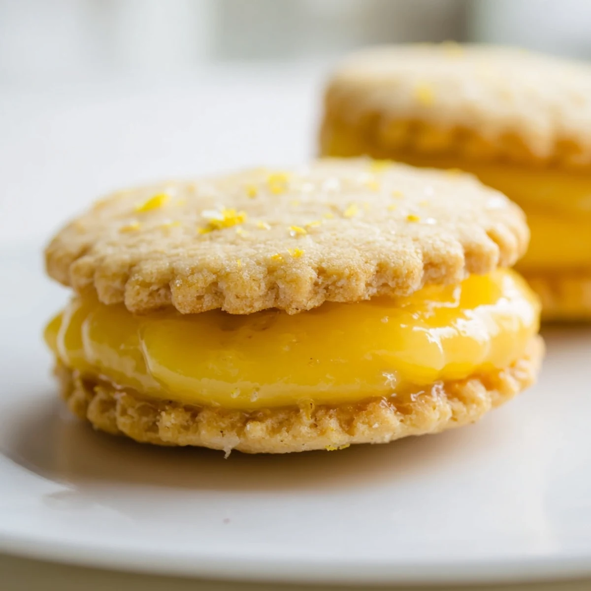 Two golden vegan lemon sandwich cookies filled with creamy yellow lemon curd on a white plate