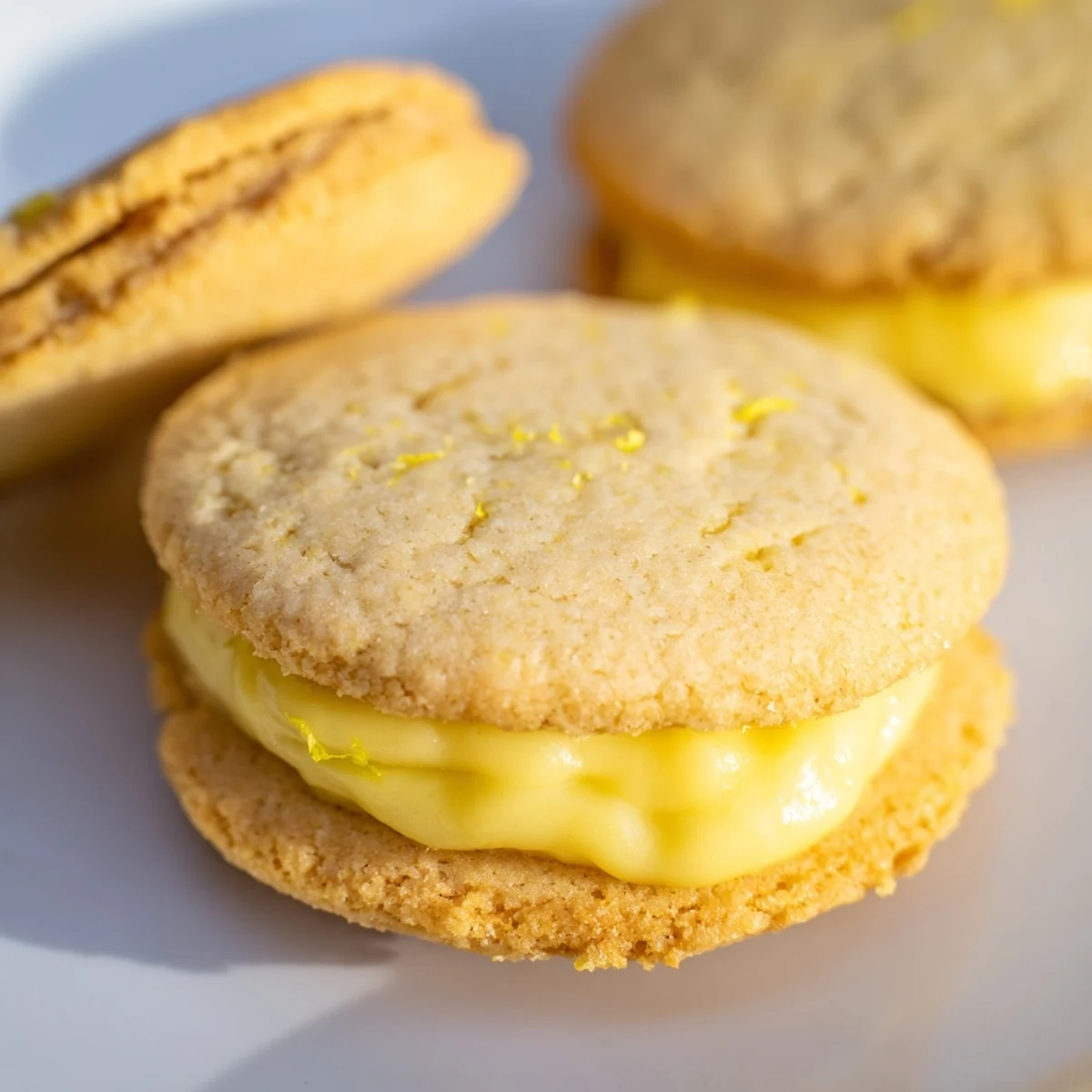 Stack of bright lemon sandwich cookies with zesty lemon curd filling on rustic wooden surface