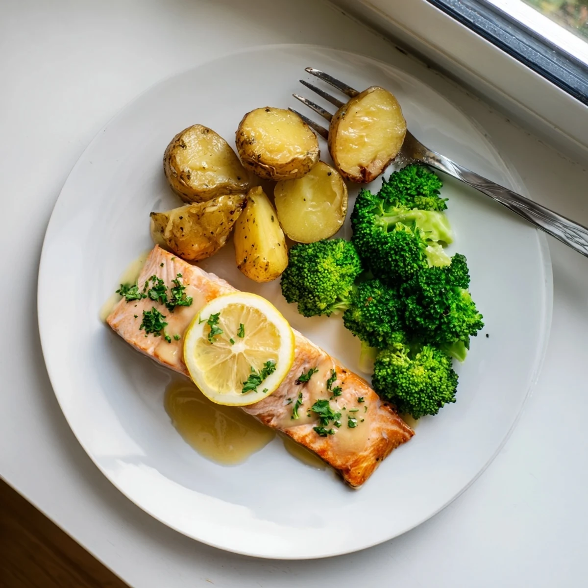 Golden pan-seared salmon glazed in lemon butter sauce served alongside crispy roasted potatoes and tender green broccoli florets on a white plate