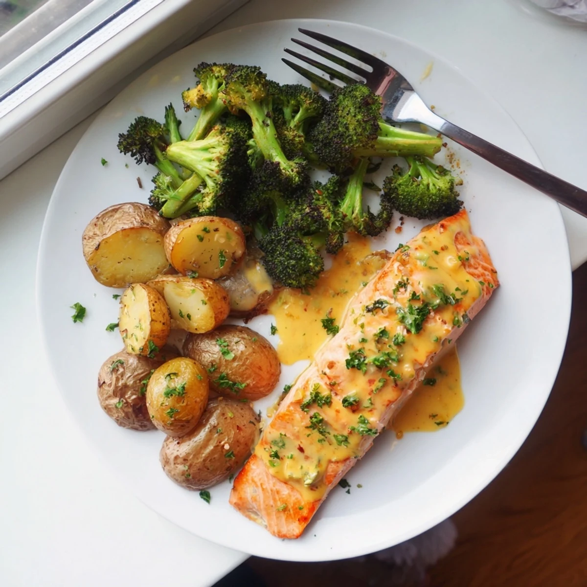 Complete lemon butter salmon dinner featuring flaky fish with zesty sauce alongside crispy golden potatoes and fresh roasted broccoli