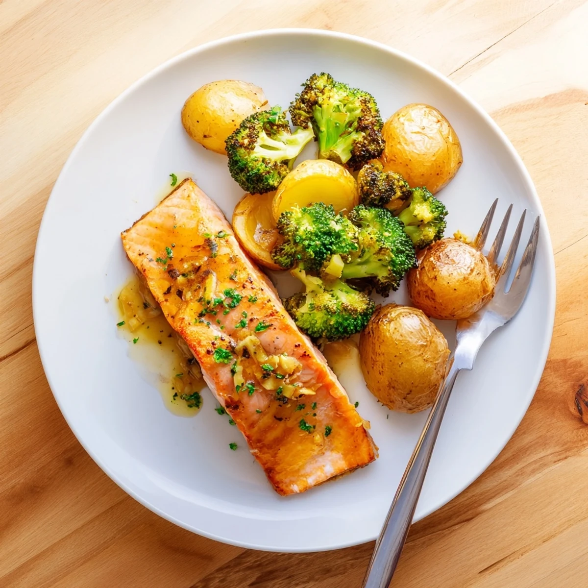 Homemade lemon butter salmon fillet with crispy skin and garlic herb sauce served with roasted baby potatoes and broccoli on a rustic wooden board