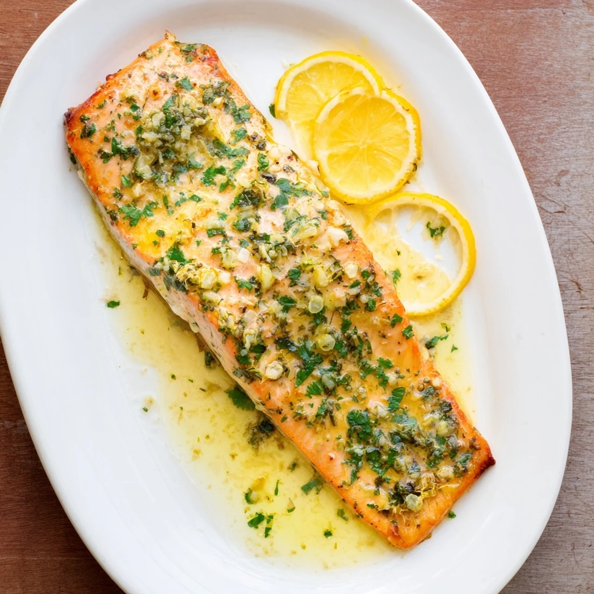 Tender flaky salmon glazed in rich garlic lemon butter sauce on a white plate