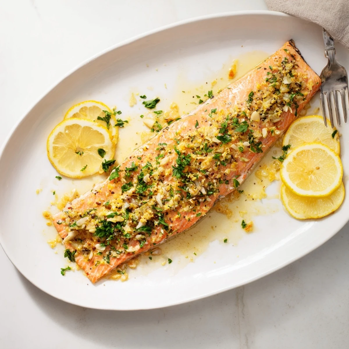 Golden baked salmon fillet glistening with melted garlic butter and fresh parsley garnish