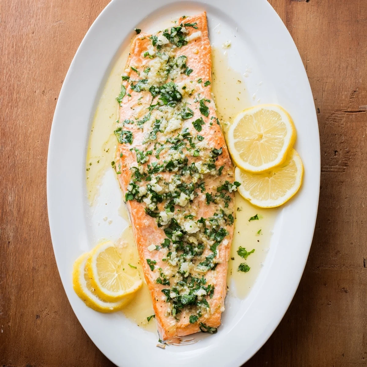 Perfectly oven-roasted salmon topped with aromatic garlic butter and bright lemon slices