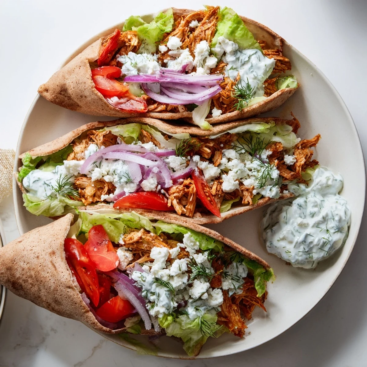 Golden shredded Greek chicken stuffed in warm pita with crisp vegetables and drizzled with creamy tzatziki sauce