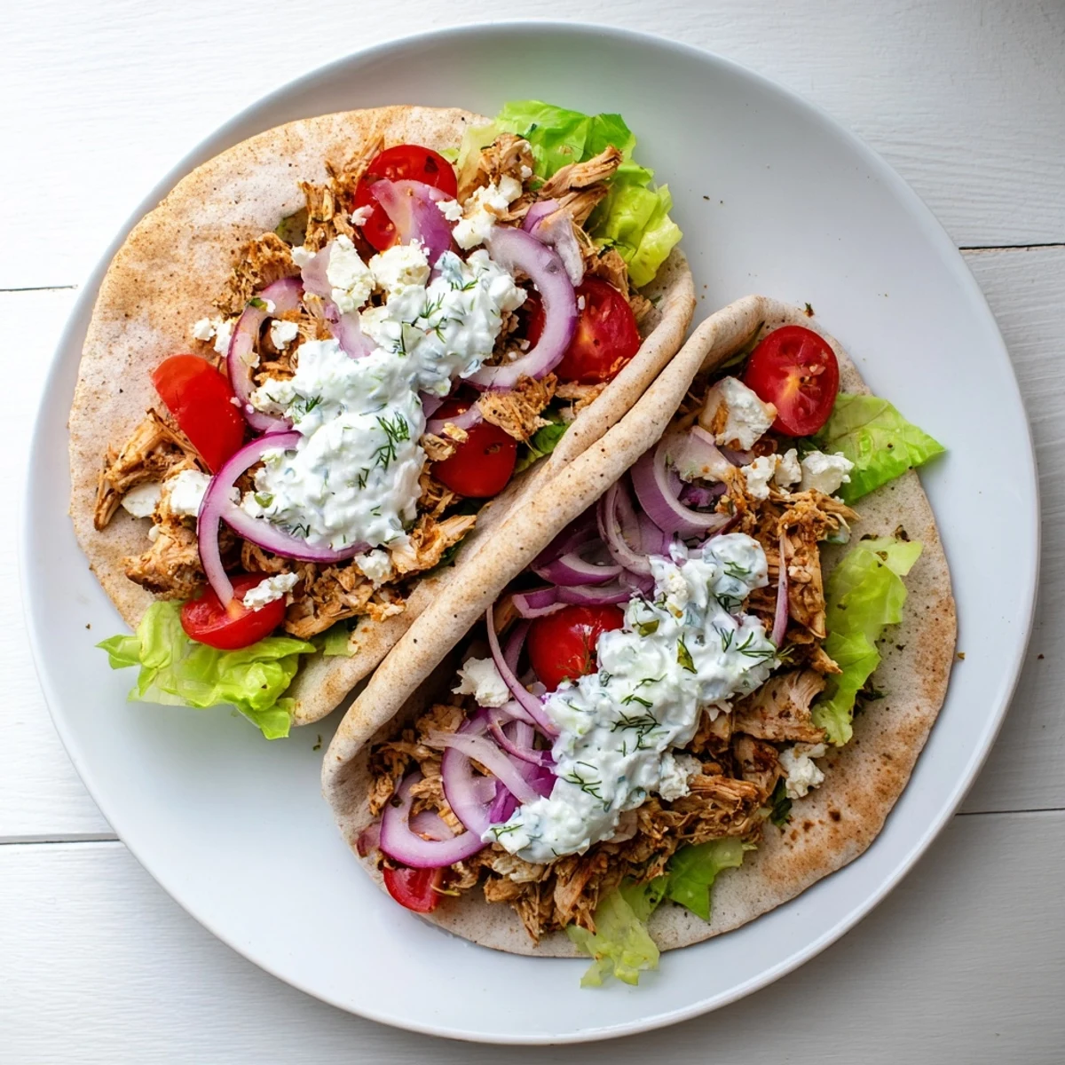 Slow cooker Mediterranean chicken piled into fluffy pitas topped with fresh lettuce tomatoes and tangy yogurt sauce