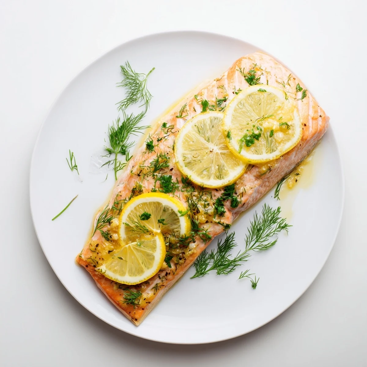 Golden baked salmon fillet topped with fresh herbs and thin lemon slices on a white plate