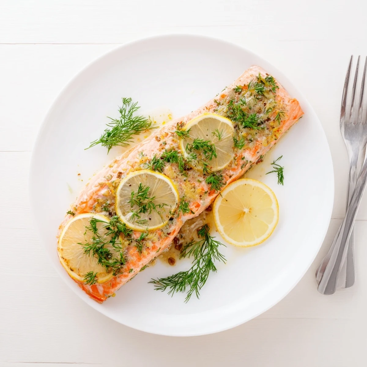 Moist oven-baked salmon with zesty lemon garlic glaze and chopped green dill and parsley garnish