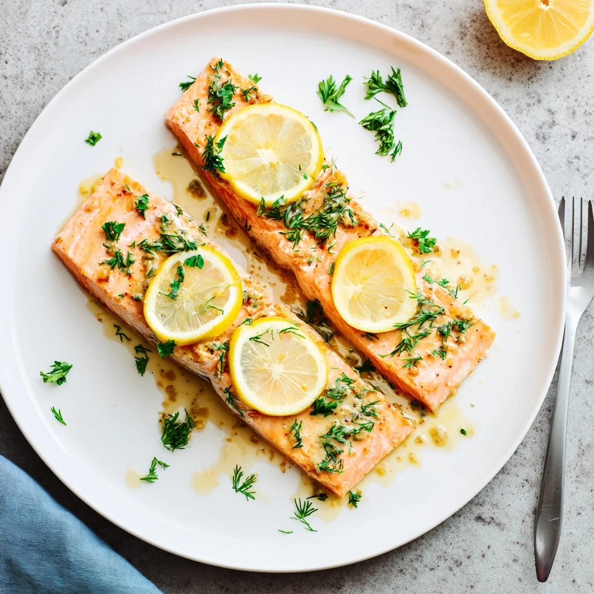Flaky tender baked salmon with bright lemon rounds and herb crust ready for a healthy dinner