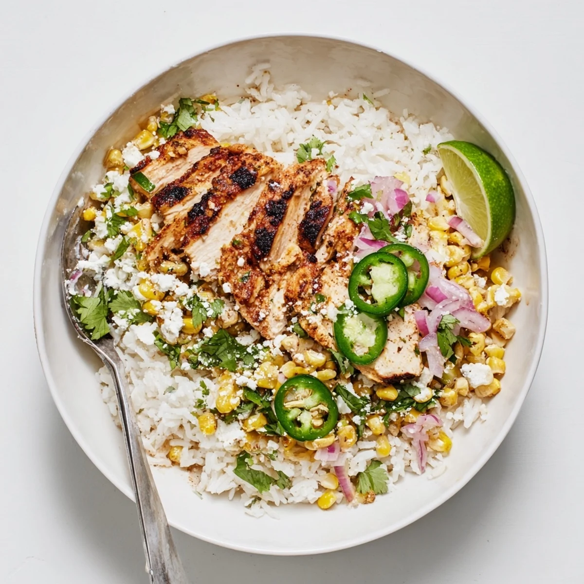 Vibrant Mexican-inspired chicken bowl garnished with fresh cilantro, jalapeño slices, and zesty lime wedges