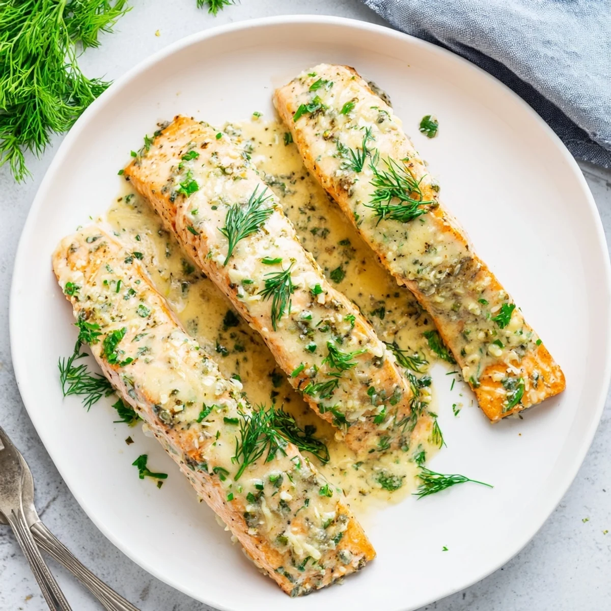 Creamy garlic butter salmon resting on white plate with rich Parmesan sauce and parsley garnish