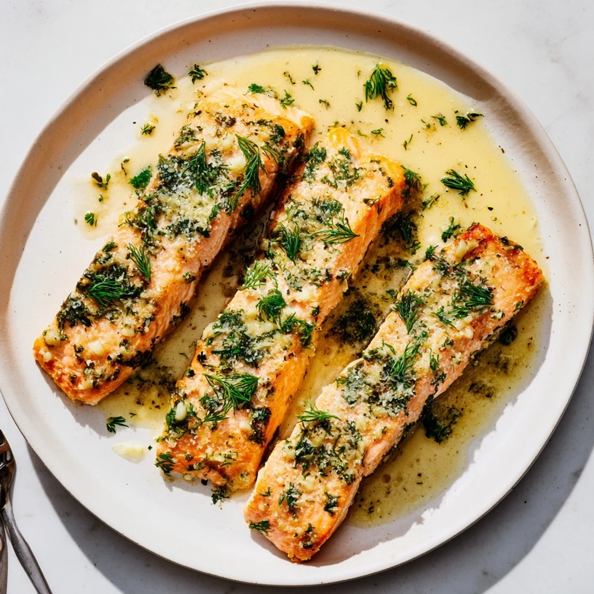 Golden pan-seared salmon fillets drizzled with velvety garlic butter sauce and fresh green herbs