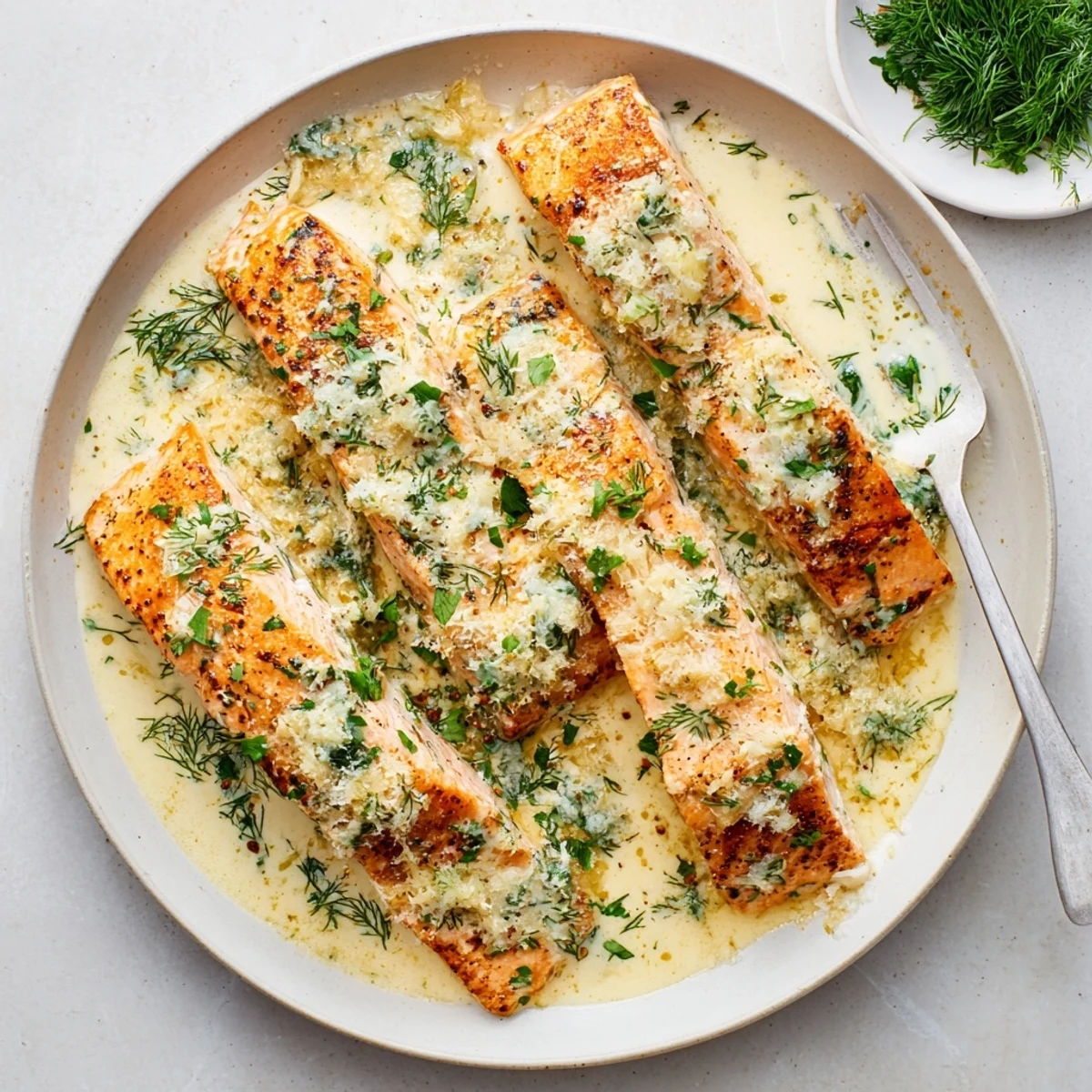 Succulent salmon pieces swimming in luxurious white wine garlic cream sauce with dill and lemon