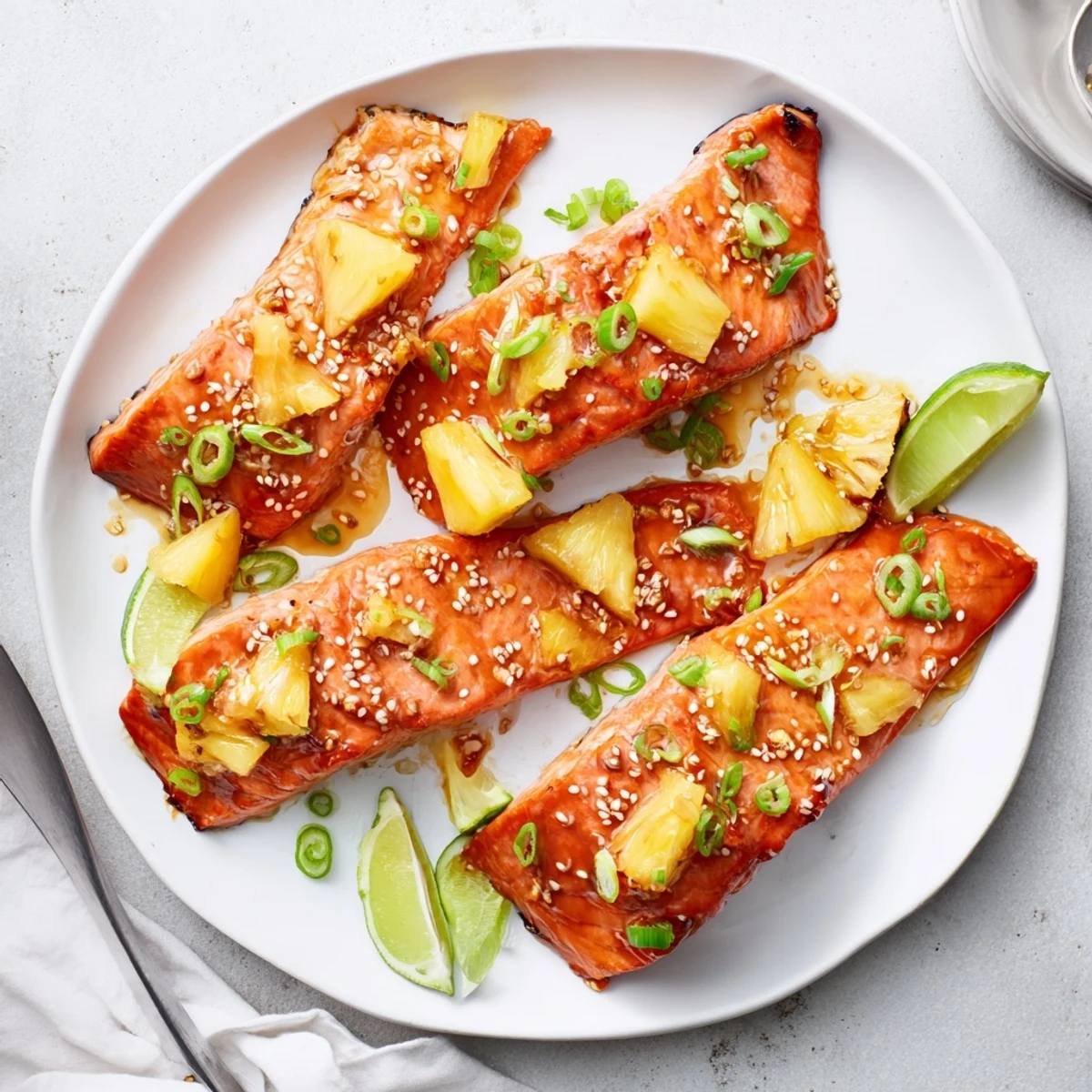 Golden pineapple glazed salmon fillets coated in a shiny sweet and tangy glaze with green onions
