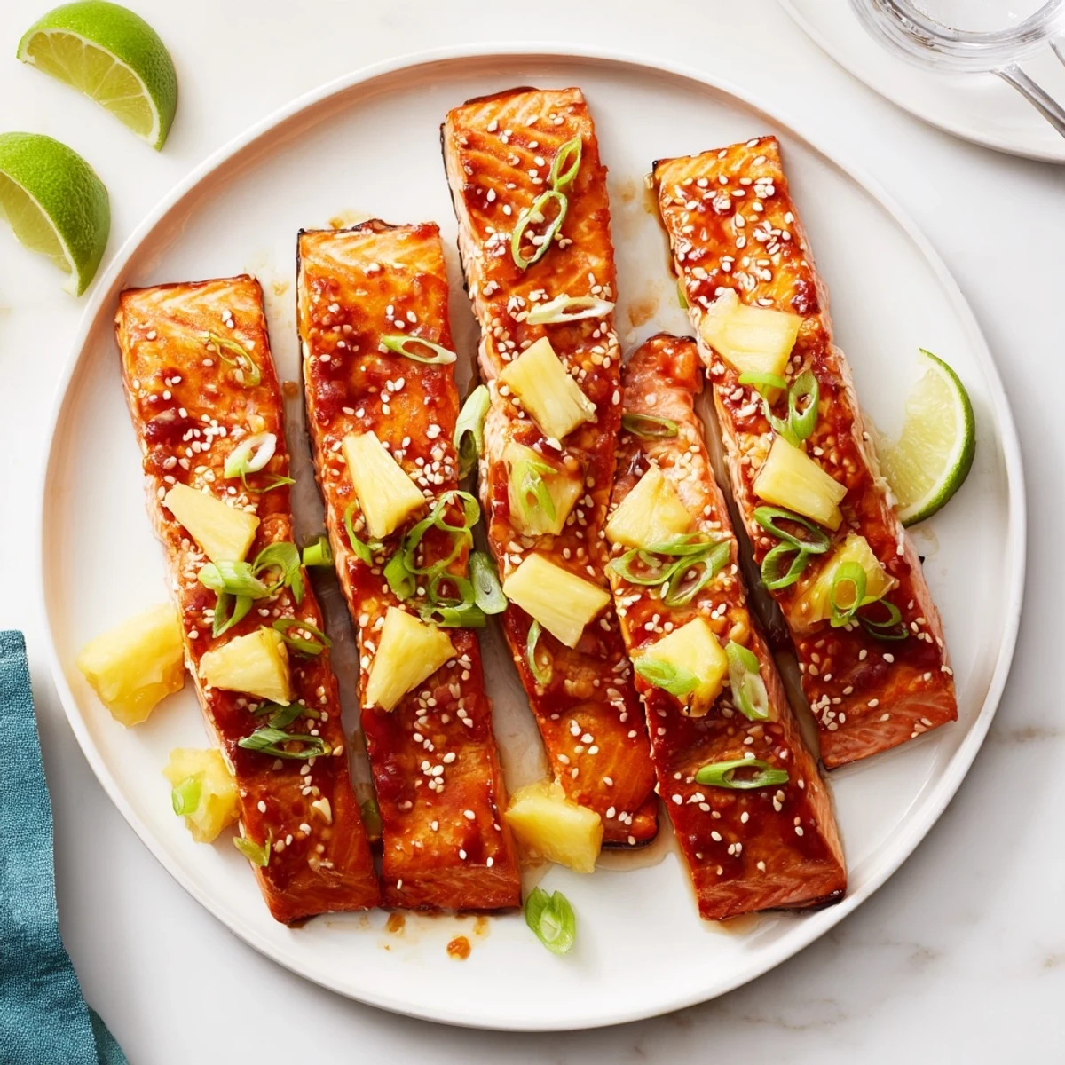 Baked salmon with thick pineapple honey glaze garnished with sesame seeds and fresh lime wedges