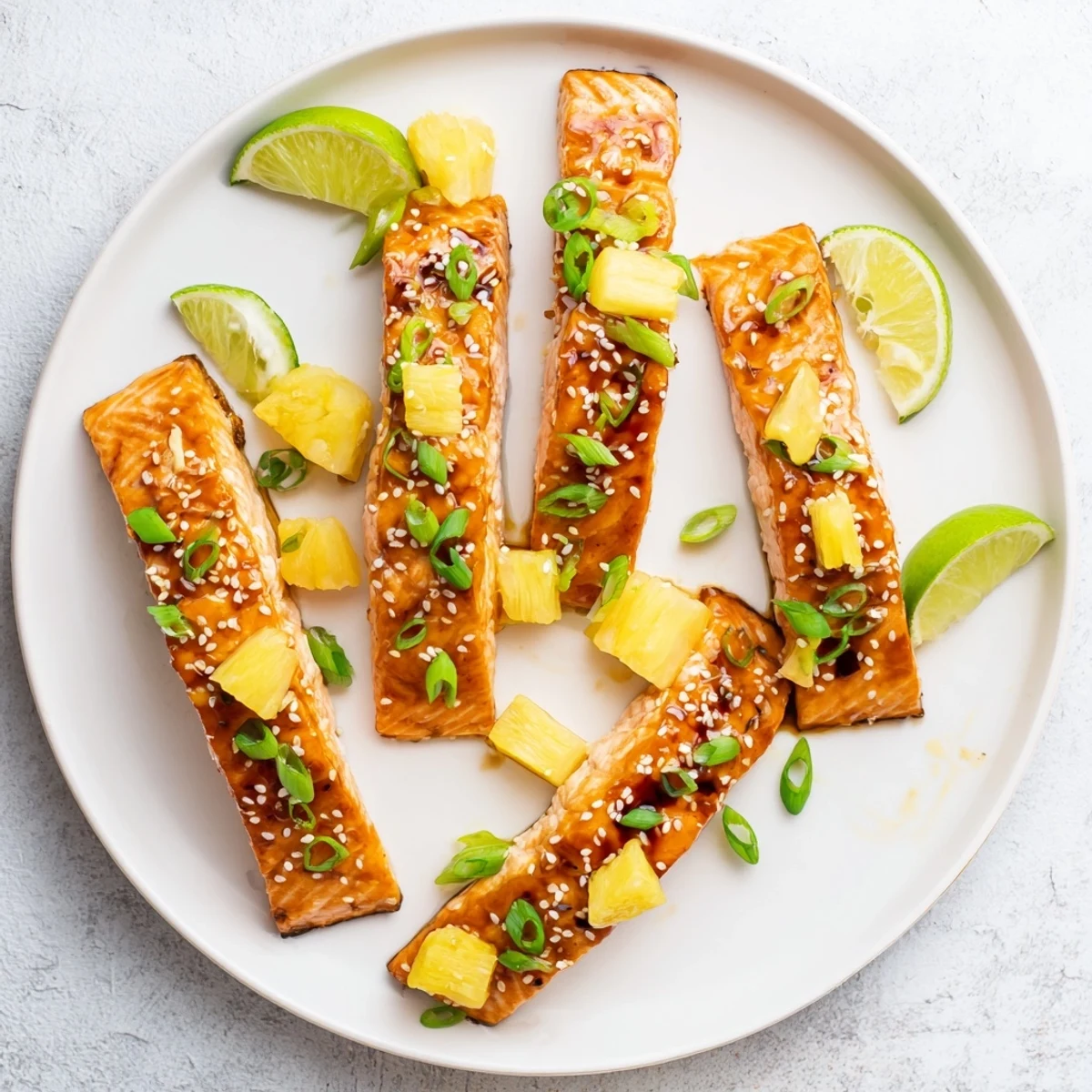 Oven roasted pineapple glazed salmon resting on a white plate with caramelized edges and pineapple chunks