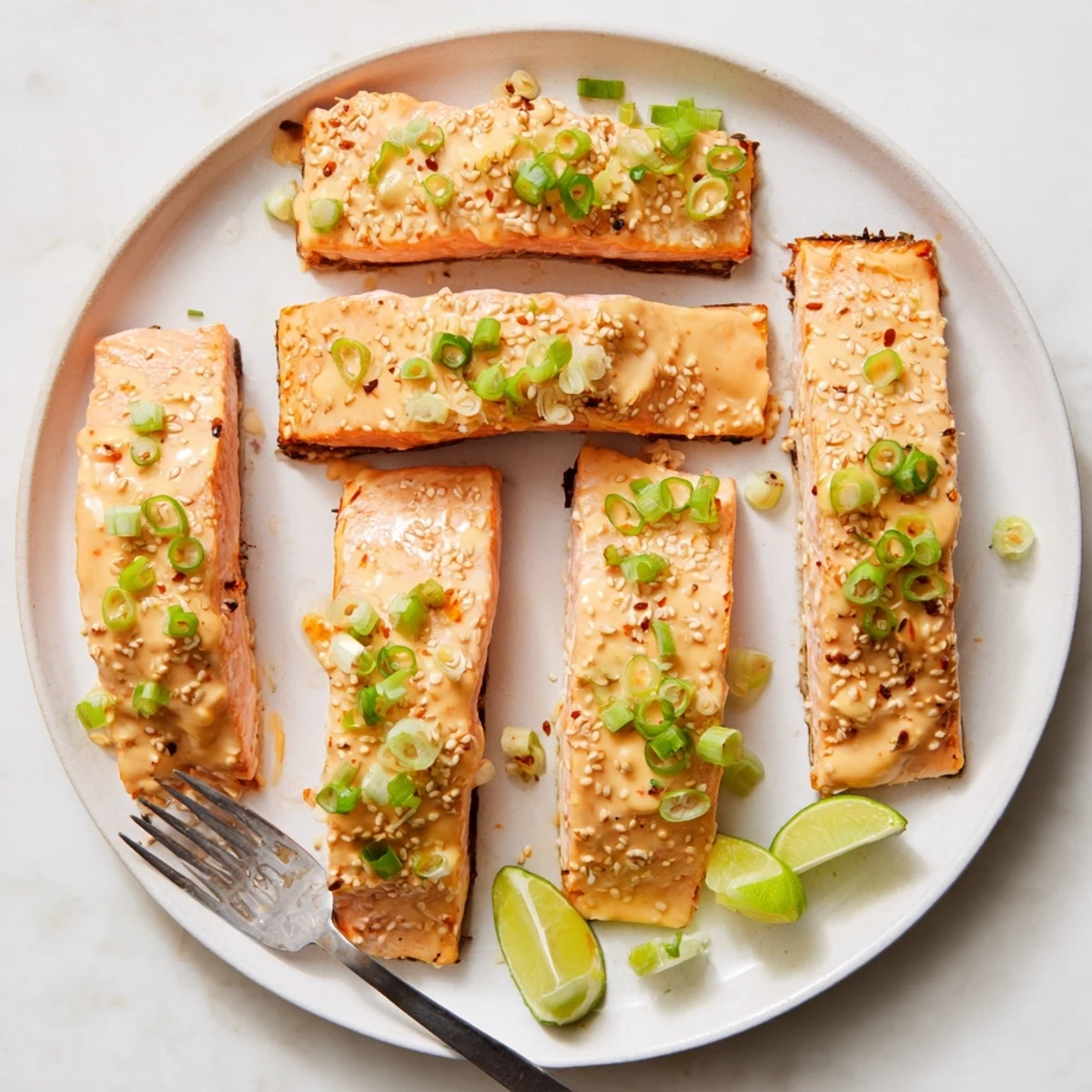 Golden baked Bang Bang salmon fillets brushed with creamy spicy red sauce and garnished with fresh green onions