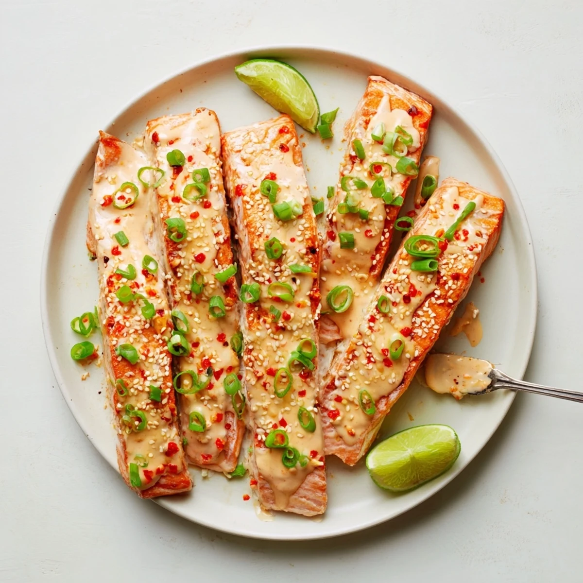 Tender oven-roasted Bang Bang salmon drizzled with sweet chili mayonnaise sauce and topped with toasted sesame seeds