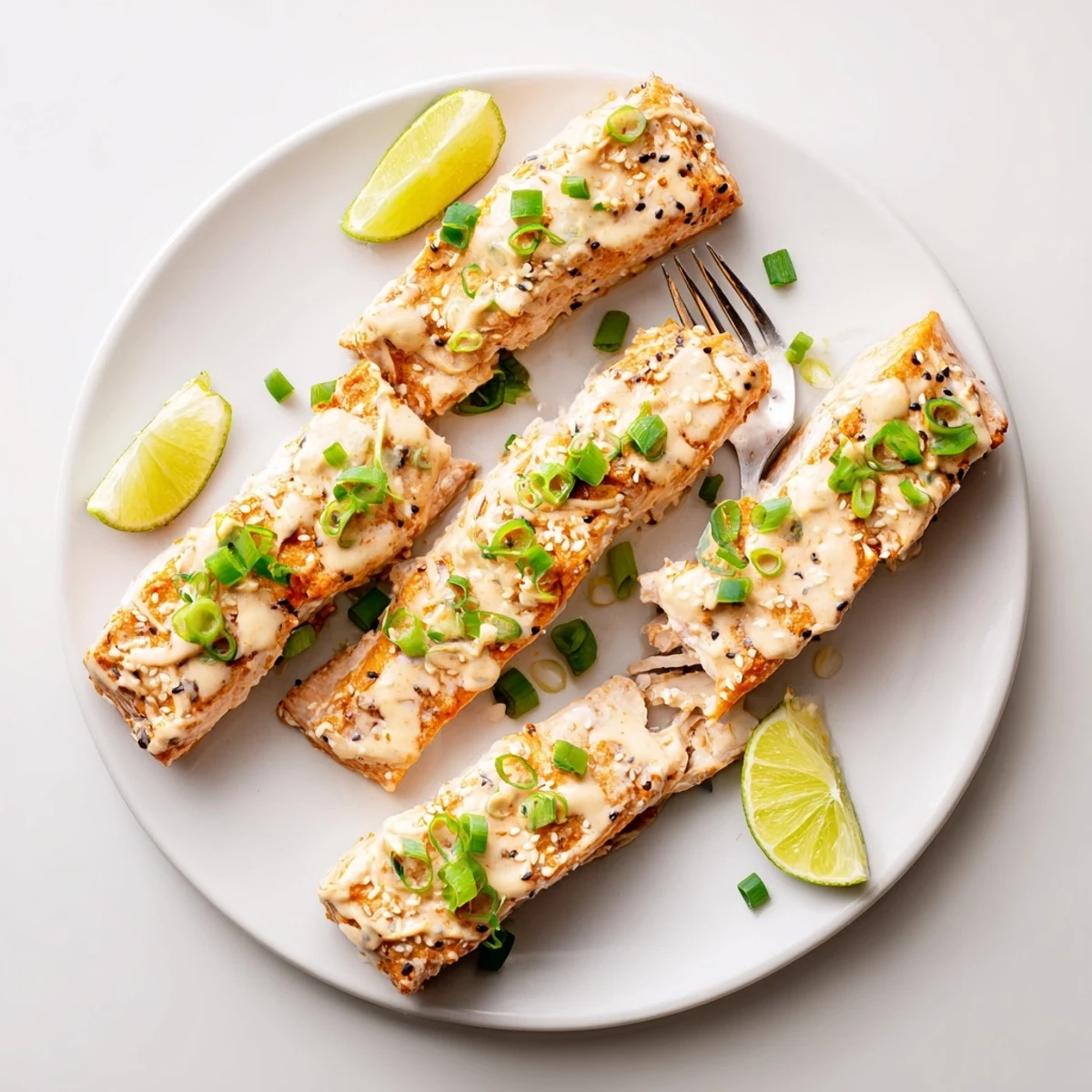 Flaky baked Bang Bang salmon coated in thick pink spicy sauce served with lime wedges on a white plate