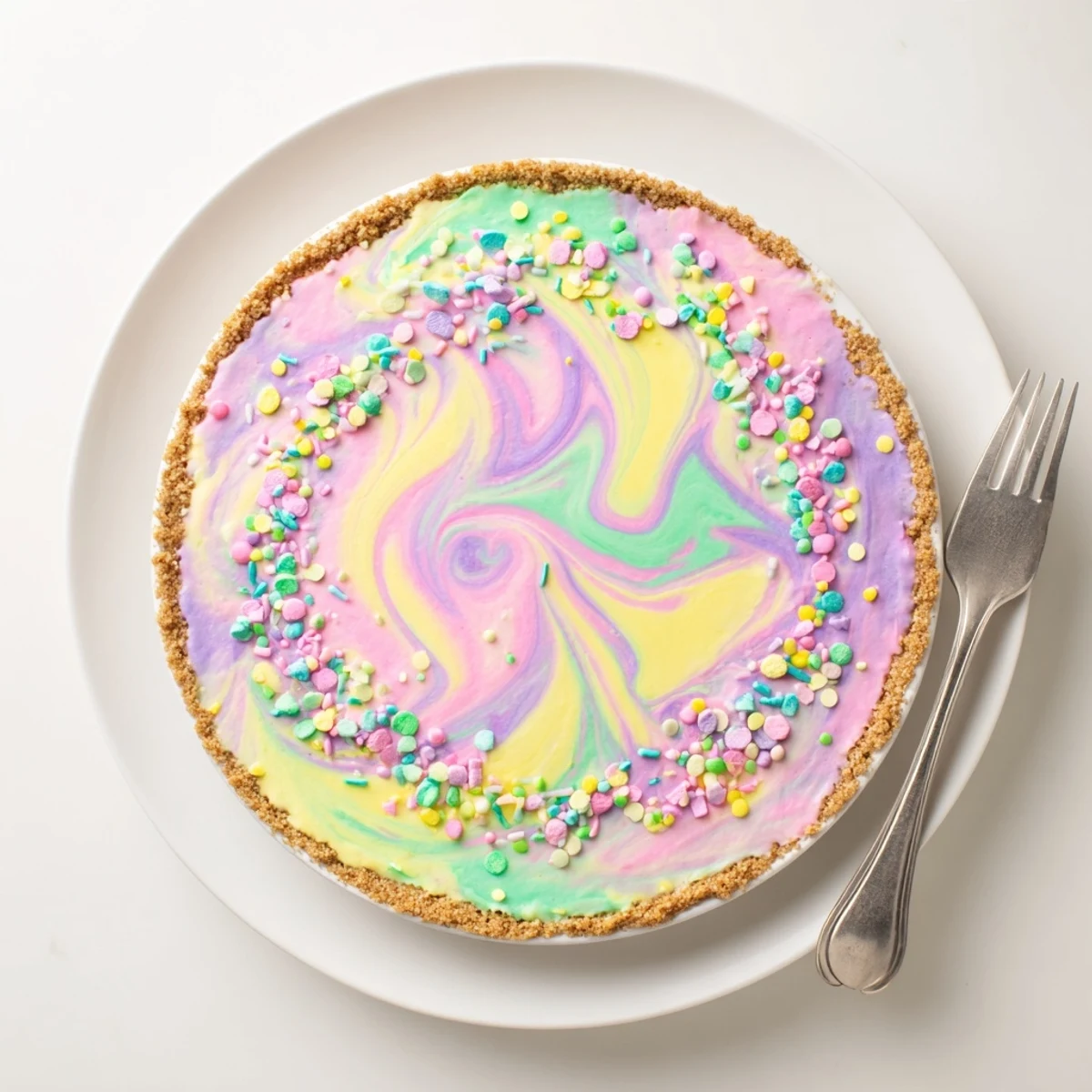 Creamy Easter Swirl Pie featuring pastel marbled vanilla filling in a golden graham cracker crust