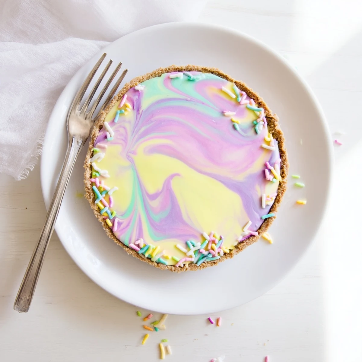 Festive Easter Swirl Pie with colorful swirled cheesecake filling topped with pastel sprinkles