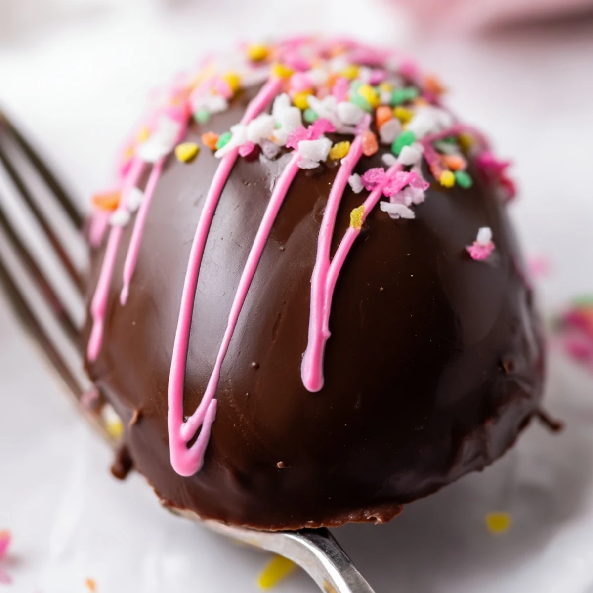 Creamy Cool Whip Easter eggs coated in glossy chocolate with pastel sprinkles on white plate