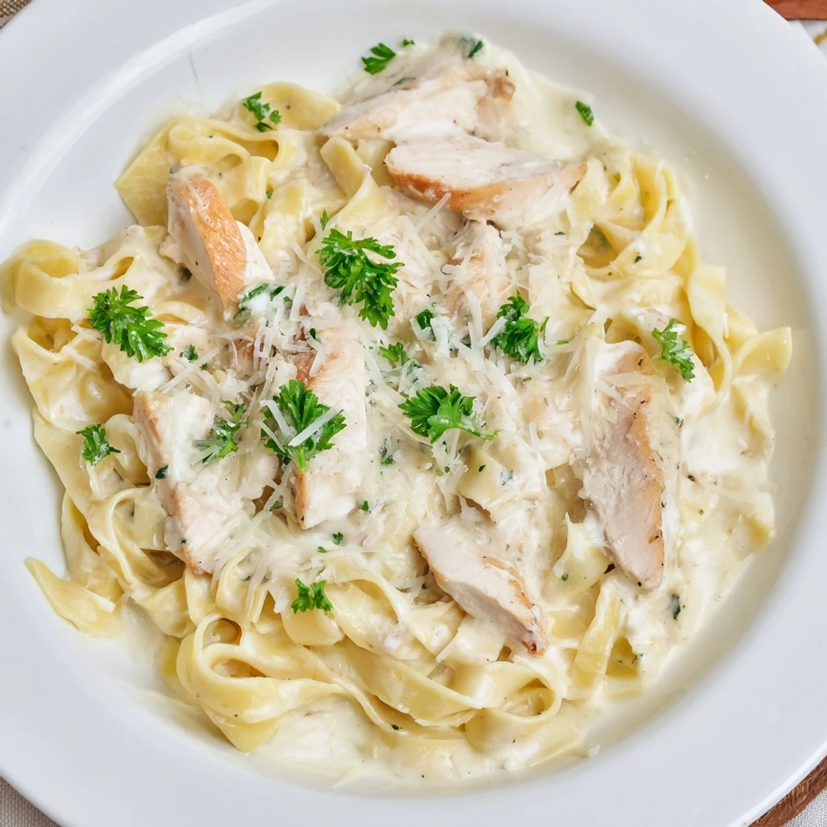 Golden brown chicken slices tossed in rich parmesan garlic sauce over fettuccine noodles
