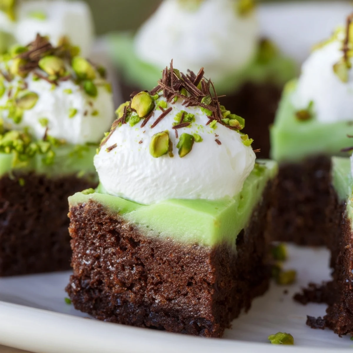 Glass trifle bowl showing festive layers of chocolate brownie cubes, bright green pudding, and white cream