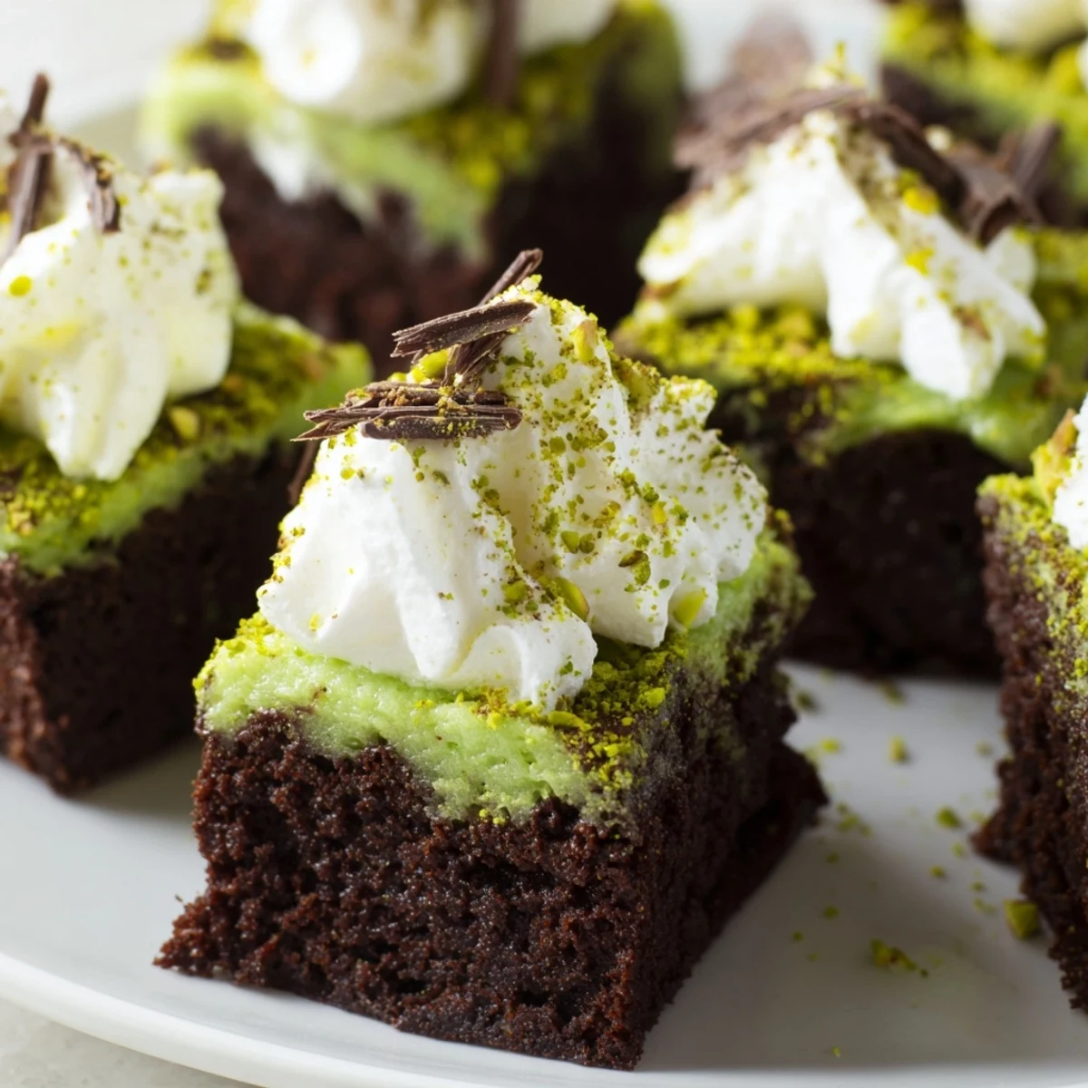 St. Patrick's Day brownie trifle layered with chocolate brownies, green pistachio pudding, and fluffy whipped cream