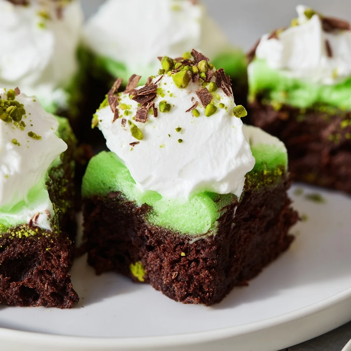 Decadent St. Patrick's Day brownie trifle topped with green sprinkles over chocolate and cream layers