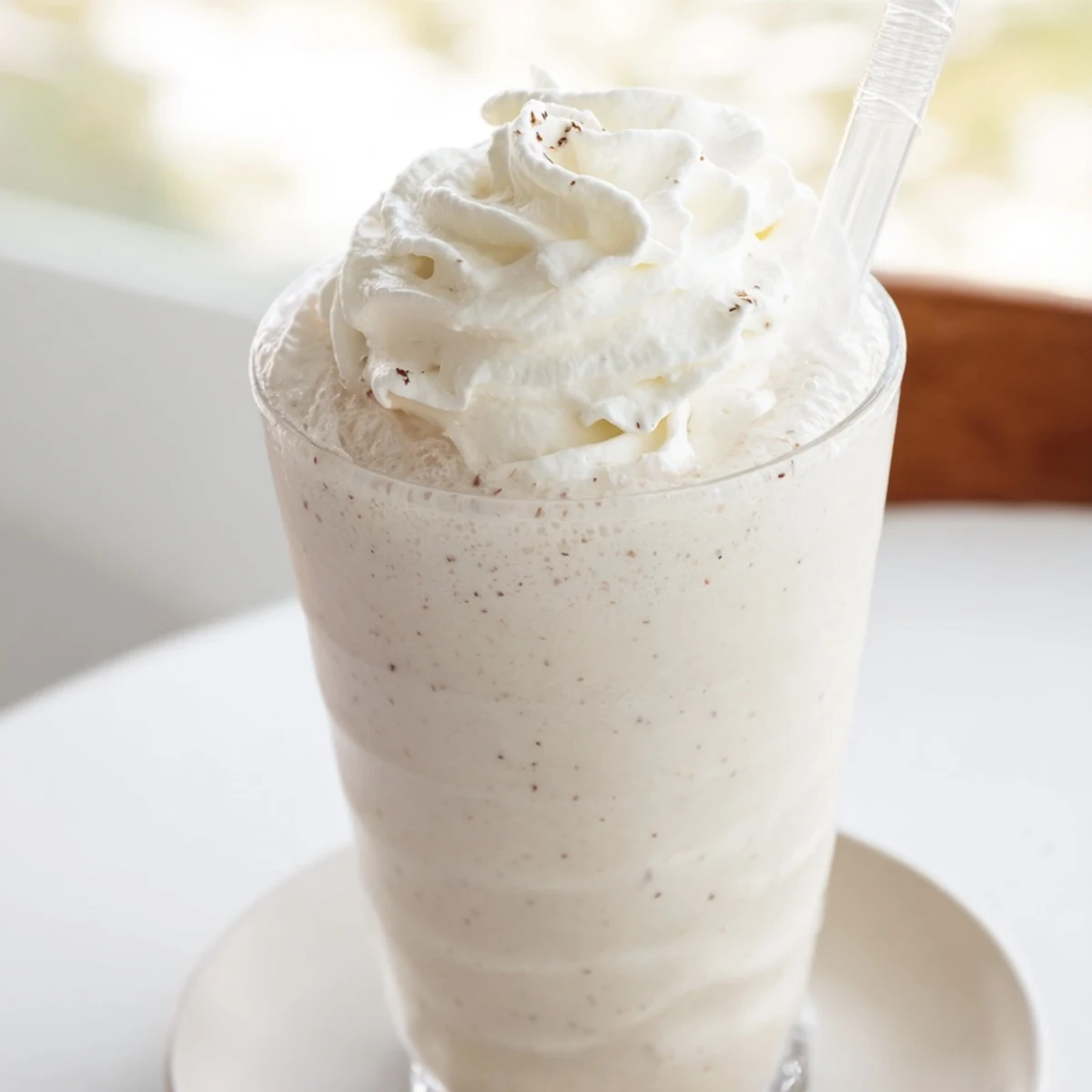 Frosty blended vanilla bean frappuccino with speckled vanilla seeds swirling throughout the white drink