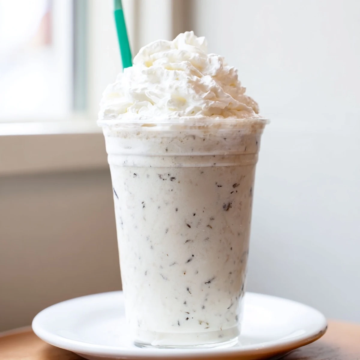 Refreshing vanilla bean frappuccino garnished with sweet whipped cream and served with a straw