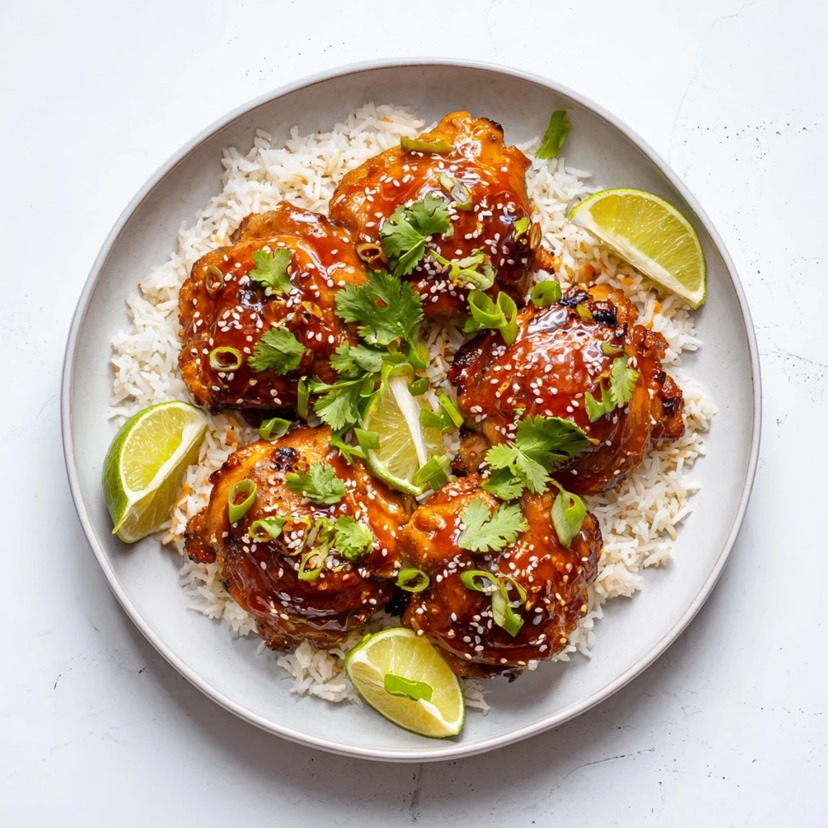 Golden chicken glazed in spicy maple sauce over fluffy coconut rice with lime