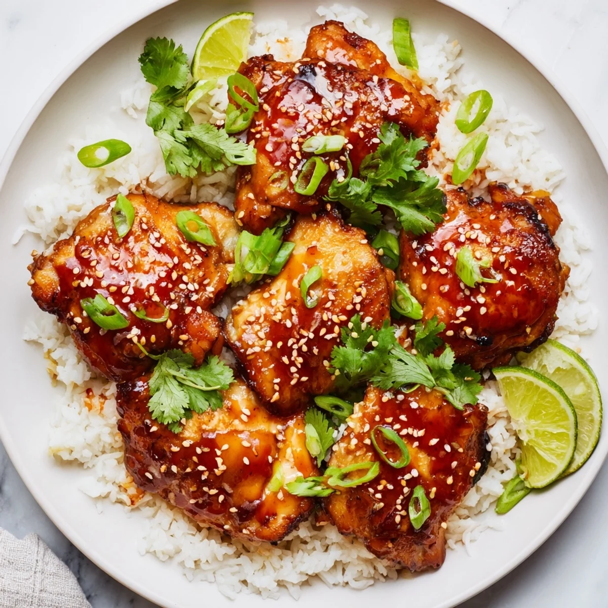 Caramelized spicy maple chicken thighs served atop fragrant coconut rice with fresh cilantro